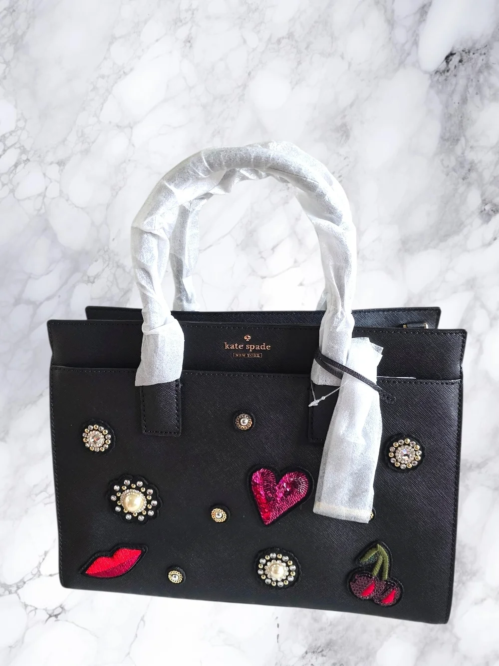 Kate Spade x Rodan & Fields NWT Black Saffiano Satchel Novelty Heart Cherry Rare